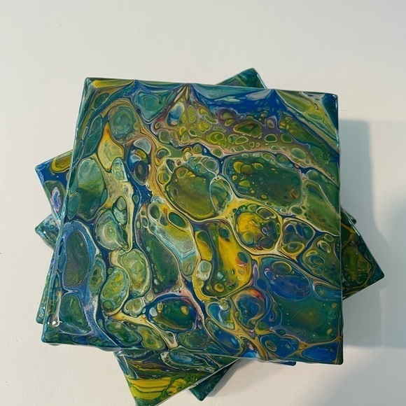 Set of 4 hand painted coasters. Sealed with resin cork backing Blues & greens - Picture 6 of 6